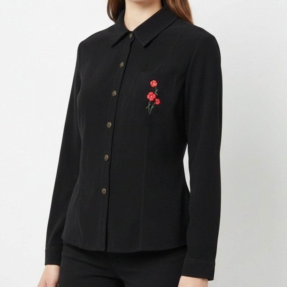 Studio C Black Button Down Blouse Red Floral Embroidery Long‎ Sleeve Size 14